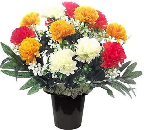 Memorial Grave Crem Pot Artificial Arrangement Yellow Coral Ivory Chrysanthemum with Moss for Graveside Cemetery Crematorium Gift for Birthday Mother's Day
