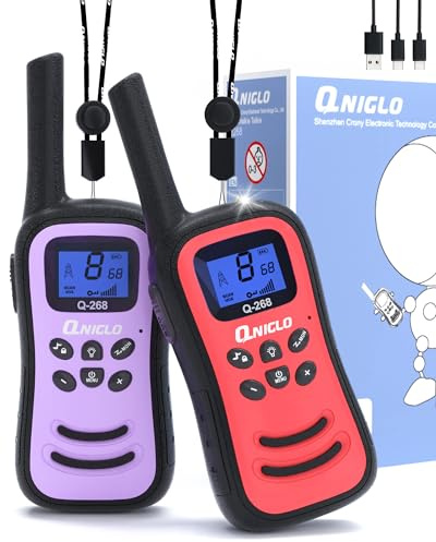 QNIGLO Walkie Talkie Niños, Recargable Largo Alcance 8 Canales Comunicación Remota, Ayudante de Acticidades al Aire Libre,Regalos Juguetes Niñas de 3 4 5 6 7 8-15 años(RojoVioleta)