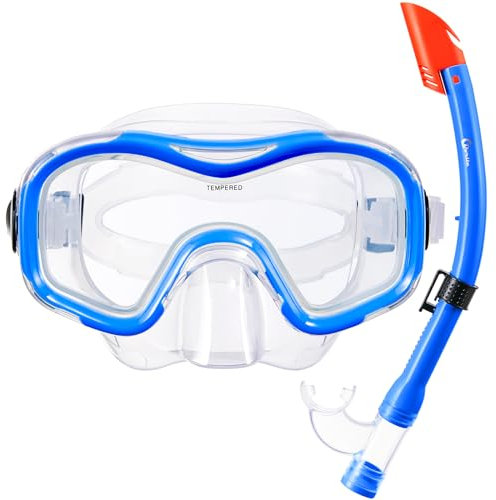 Dorlle Schnorchelset Kinder, Schnorcheln Set mit Anti-Fog Gehärtetes Glas Taucherbrille und Premium Halbtrockner Schnorchel für Schnorcheln und Schwimmen mit Tragetasche
