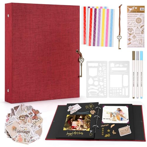 DazSpirit Leinen Fotoalbum,Fotoalbum Zum Selbstgestalten Mit 60 Seiten Schwarze Scrapbook, Inkl.3 Metallic Farbmarker, 2 Malschablonen, Verschiedene Aufkleber, Scrapbook Für Hochzeit Familie (Rot)