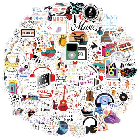 Bewudy 100 Adesivi Musicali per Chitarra - Divertenti per Bambini, in Vinile Impermeabile, Motivo Note Musicali - Estetici per Bottiglia d'Acqua, Laptop, Skateboard