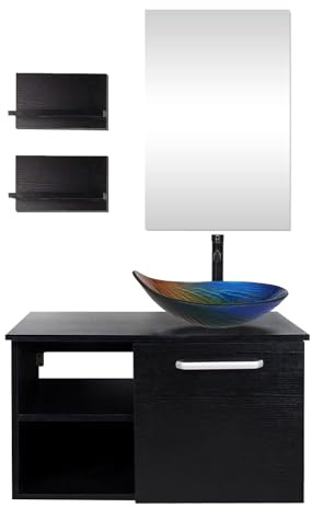 YU YUSING Set di mobili da bagno, mobiletto da bagno con lavandino, specchio, mobili da bagno con lavabo, armadietto a specchio, 2 mensole, set rubinetto (multicolore)