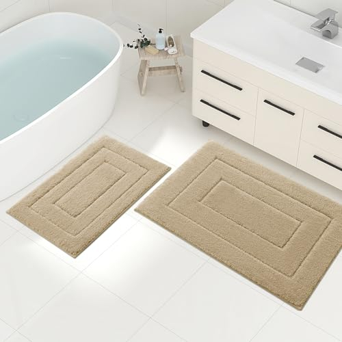 Homaxy Mikrofaser Badezimmerteppich Set 2 teilig rutschfest Waschbar Badematte Set Weiche Badteppich Wasserabsorbierend Badvorleger für Badezimmer - 40x60 cm+50x76 cm,Beige