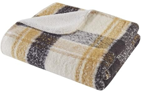 Woolrich Faux Mohair to Sherpa Throw, Classic Plaid Pattern with Whipstitch Accent Blanket Throw, All Seasons, Lightweight Cover, Cottage Style Room Décor Cozy Blanket, Bloomington, 50x60 Tan