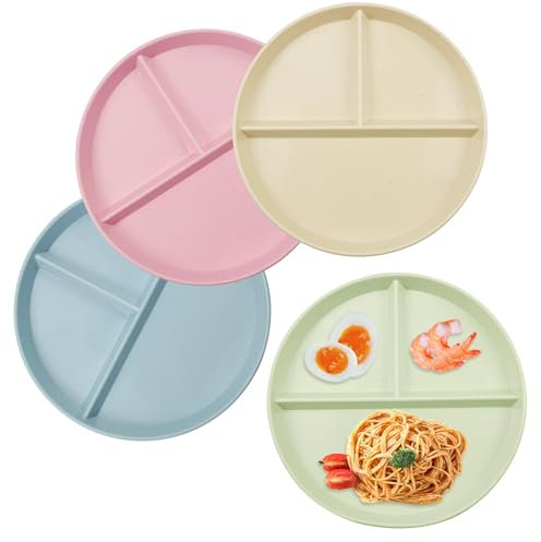 MytaYt 4 Stück Teller mit Unterteilung Menüteller Set Reutilisable Geteilte Teller Teller Portionskontrolle Unzerbrechliche Campingteller 4 Farben Geteilter Speiseteller für Snacks Salate(22CM)