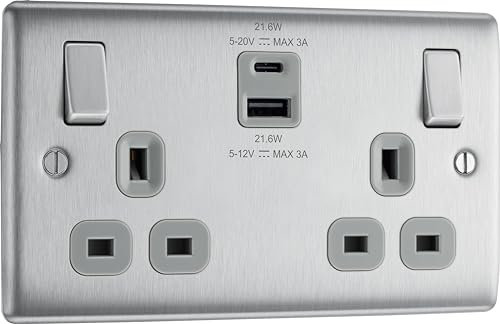 BG Electrical 22W Double Switched Wall Plug Socket with Fast Charge Type A & C USB Charging Ports, Nexus Metal, Brushed Steel, Grey Inserts, 13A, NBS22UAC22G