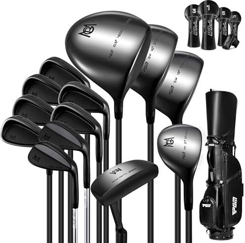 PGM Herren Golfschläger-Set, 13-teilig Golf Schläger – 3 Holz (#1,3,5), 1 Hybrid (#4H), 6 Eisen (#5,6,7,8,9,PW), 2 Sandkeil (52°,56°), 1 Putter – Golftasche, Rechtshänder