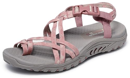 Skechers Women's Reggae - Positive Space, Color Camo Stretch Toe Loop Sandal, Rose, 9M
