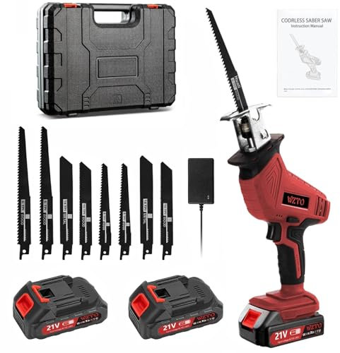 papasbox Reciprocating Saw,0-4000 RPM Variable Speed Cordless Electric Saws, 21V Brushless Wood Saws with 2pcs Batteries,8pcs Saw Blades,LED Light,Fast Charger for Metal Wood PVC Cutting-red