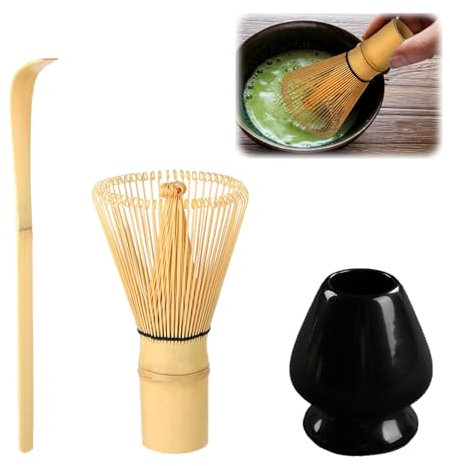 Strehknewen Set Matcha 3 Pezzi – Frusta in Bambù, Chawan Nero, Chashaku – Kit Accessori per Cerimonia del Tè Giapponese – Naturale, Fatto a Mano, Facile da Pulire