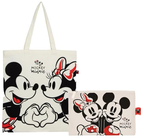 Superdiver Set Bolsa Shopping y Neceser Mickey y Minnie - Licencia Oficial Disney - Algodón y Poliéster - Ideal para Uso Diario o Regalo - Bolsa 37x41 cm y Neceser 22,5x16 cm