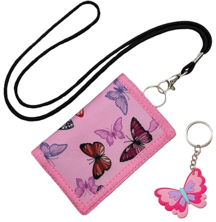 GWAWG Butterfly Kids Wallet,Child Wallet Folding Purse with Carabiner,Neck Strap and Key Ring for Boys Girls, Butterfly, Klein, Fashion.