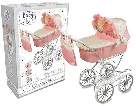 Teorema Giocattoli Carrozzina per Bambole Leggera e Pieghevole, Carrozzina per Bambole con Cappotta Regolabile, Cesto Portaoggetti, Struttura in Metallo, Passeggino Giocattolo Bambina Manovrabile,Rosa