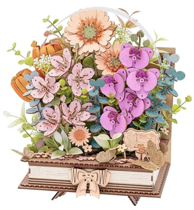 ROWOOD Puzzle in legno 3D con fiori, Blooming Book, kit fai da te, set di modellini creativi per adulti, fiori decorativi in legno, regalo per donne e uomini