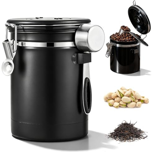 PORFOYO 2,8 L Boîte à café hermétique, récipient pour grains de café en acier inoxydable, boîte à café hermétique en acier inoxydable avec soupape de décharge, cuillère à mesurer et indicateur de date