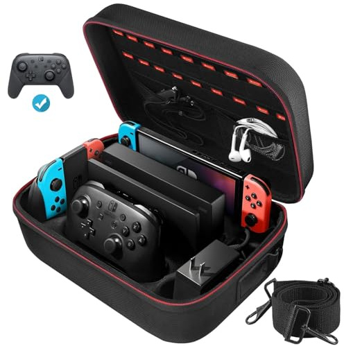 COOWPS Switch Case for Nintendo Switch and Switch OLED Model, Portable Full Protection Carrying Travel Bag with 18 Game Cards Storage for Switch Console Pro Controller Accessories Black