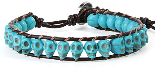 KELITCH Leder Wickelarmbänder Weiß Türkis Totenkopf Armbänder Handgefertigt Türkis Armbänder Armreif
