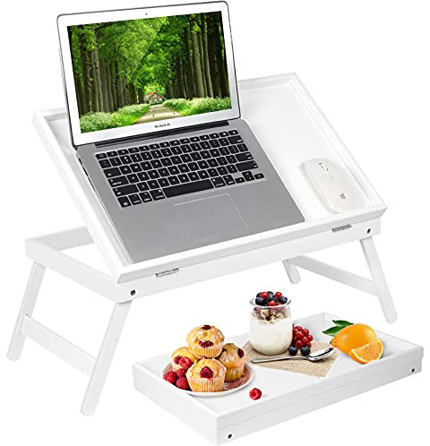 Betttablett Tisch Frühstückstablett mit klappbaren Beinen, Küche, Serviertablett für Notebook, Computer, Bett, Platten, Knietisch, Snacktablett (Weiß)