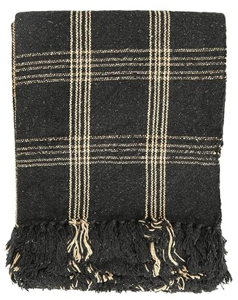 Plaid Black & Tan Fringed Woven Cotton Blend Throw