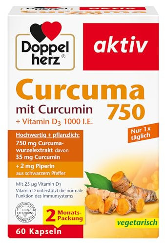 Doppelherz Curcuma 750 mit Curcumin + Vitamin D3 1000 I.E. – Vitamin D unterstützt die normale Funktion des Immunsystems – 60 Kapseln