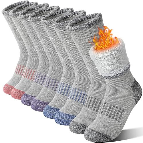 Sandsuced Kids Merino Wool Walking Socks Girls Boys Winter Thermal Warm Cosy Hiking Boot Thick Cushion Gift Stocking Fillers Socks 4 Pairs(Purle/Blue/Red/Grey,12-15 Years)