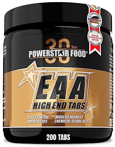 Powerstar EAA HIGH END TABS | 200 Tabletten mit allen 8 essentiellen Aminosäuren | Höchster Chemical Score 277 | Deutsche Herstellung | Amino-Komplex hochdosiert vegan | Referenzprotein der WHO&FAO