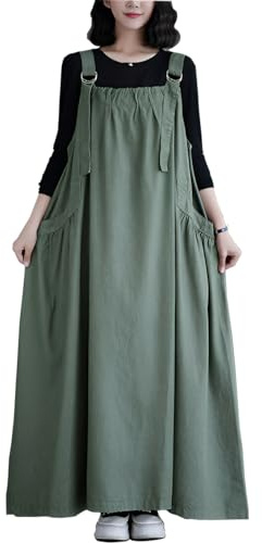 EXPOING Denim Jumper Dress for Women Loose Version Baggy Style Maxi Length Adjustable Straps Wide Hemline (US, Alpha, Large, Regular, Regular, Green L)