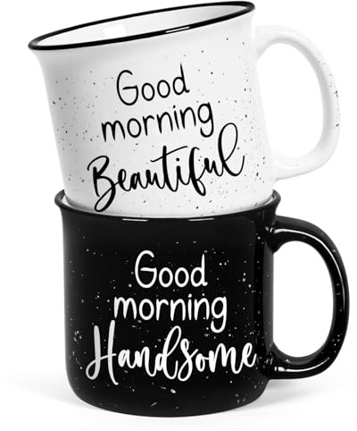 YHRJWN His and Hers Gifts, Good Morning Beautiful & Handsome Coffee Mug, Couple Gift for Him and Her, Couple Mugs for Mr and Mrs, Newlyweds Couples Gifts for Wedding Anniversary, 15 Oz