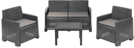 Dmora Set Salotto da Esterno Vieste, Composizione da Giardino con 2 poltrone, 1 Divano e 1 tavolino, Effetto Rattan con Cuscini, 100% Made in Italy, Antracite