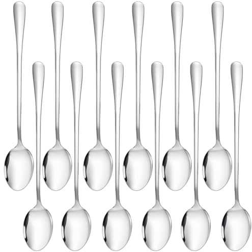 CoKeeSun Set di 12 cucchiaini da latte da 20 cm, in acciaio inox, con manico lungo, cucchiaini da caffè, tè freddo, cucchiaini per cocktail, dessert, cioccolata calda, frullato