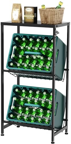 Rainsworth Getränkekistenregal Schmal mit Ablage Schwarz, mit Gitterhalterung aus Metall, 33T x 50B x 98H cm Regale für Getränkekisten für 2 Kisten, Getränkeregal Klein mit Verstellbare Füße