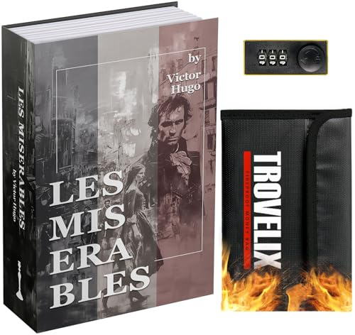 Sekam Coffre-fort à livre avec serrure à combinaison - 24 x 15 x 5,5 cm - Avec sac ignifuge - Coffre-fort secret - Boîte de rangement cachée - Boîte à livres creuse pour argent liquide (Les Misérables