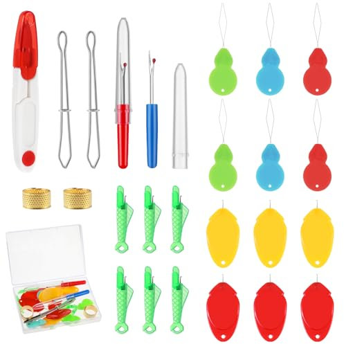 Nadeleinfädler Set, 25 Stück Einfädelhilfe Bausatz Inklusive Kürbisform Einfädler für Nähnadeln, Daumenform Einfädler, Fischtyp Einfädler, Nahttrenner, Nähpinzette, Fingerhut und Schere