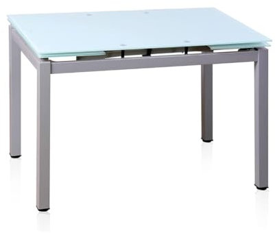 HOGAR24 ES Conjunto Mesa de Cocina Extensible de Cristal, Color Blanco, Estructura Acero + Juego de 4 Sillas de Cocina Color Blanco/Gris.