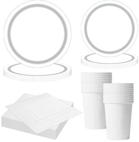 MORAINJAY Set di 68 Pezzi di Stoviglie Bianche per Feste, Piatti di Carta, Bicchieri, Tovaglioli, Stoviglie per Compleanni, Matrimoni, Baby Shower, Lauree, Anniversari, Set per 16 Ospiti