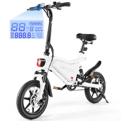 ANCHEER 374Wh Folding Electric Bike for Adults, 20MPH Ebike, 14 Foldable Electric Bicycle, 20-50 Miles Electric Bikes, E Bike, LCD Display, Dual Suspension
