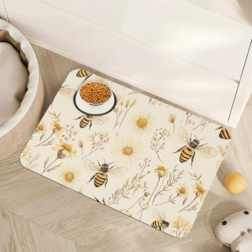 Bees Boho Daisy Floral Dog Food Mat for Floors,Absorbent Pet Food and Water Bowl Mats,Non-Slip Pet Feeding Mat,Pet Supplies 12 x 20