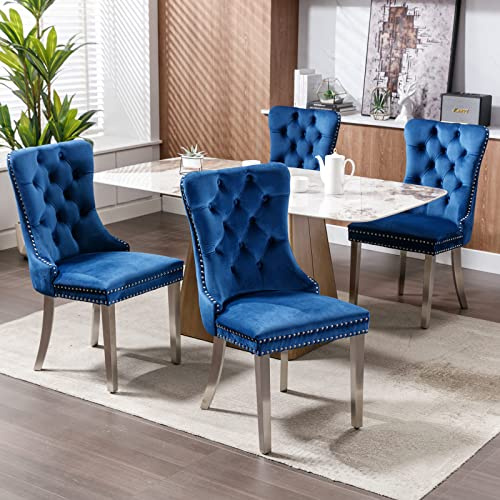 HomeTouch Luxury Velvet Kitchen Dining Chairs Set of 4 Upholstered Knocker Wing Back Chairs with Chrome Steel Legs for Dining Room, Hand Made (4, Blue Silver)