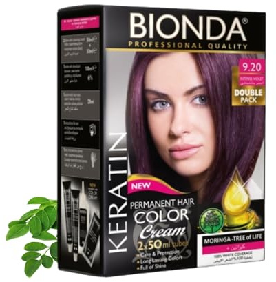 Tinte permanente BIONDA Professional Color Cream 9.20, violeta intenso, 200 ml, paquete doble, queratina y moringa, color intenso y duradero con brillo, cobertura 100% de canas