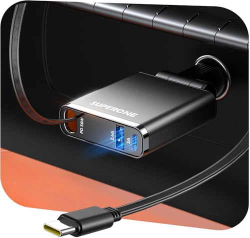 Ultra-Slim SUPERONE Retractable Car Charger, 63W USB-C Car Charger, Fast Charging Car Phone Charger with Type C Cable, Car Accessories Adapter for iPhone 17/16/15/14/13, Samsung, iPad, RV Truck