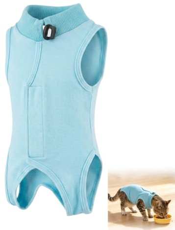 Body Chat Post Opératoire Bleu, Combinaison de Récupération pour Chat après Stérilisation, Protection Anti-Léchage pour Plaies Abdominales et Maladies de la Peau, Taille S