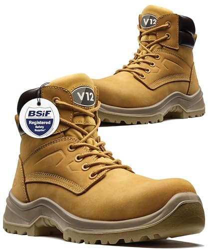 V12 Bobcat STS S1P Safety Work Boot for Men, Composite Toe, Nubuck | Anti-penetration midsole, slip-resistant SRC outsole, honey leather upper, lightweight