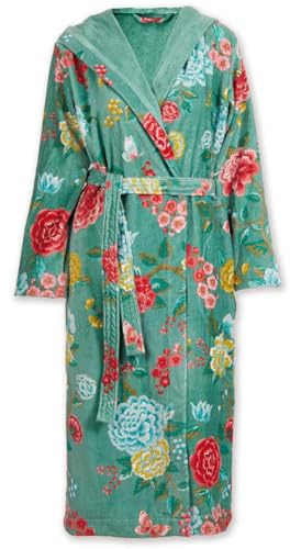 PiP Studio Bademantel Good Evening Grün Sauna Frottier Blumen Blüten Print Morgemantel Geblümt Kapuze, Größe:XS
