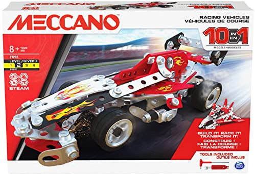 SPIN MASTER MECCANO 10-in-1 Rennfahrzeuge STEM Modellbausatz mit 225 Teilen und echten Werkzeugen, Kinderspielzeug ab 8 Jahren, 6060104