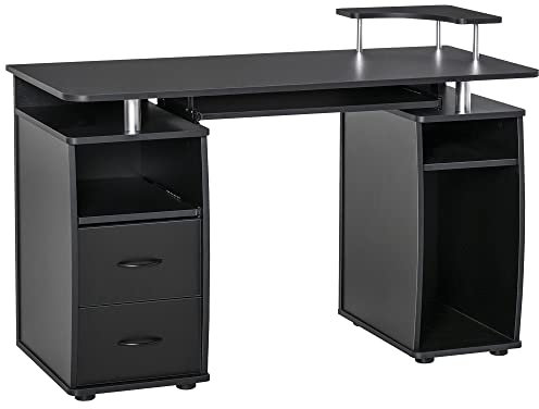 HOMCOM Bureau Informatique étagères et tiroir, 120 x 50 x 85 cm, Bureau d'ordinateur avec Rangement Support imprimant et Clavier, Table d'étude pour Chambre, Bureau, Noir