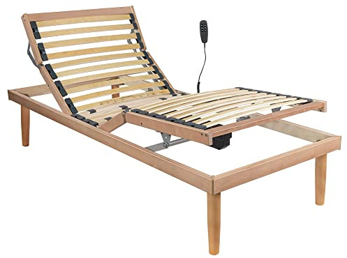 Comprarredo Rete ortopedica elettrica motorizzata in legno di faggio naturale con regolatori di portanza, due motori indipendenti, batteria di emergenza e telecomando, singola 80x190