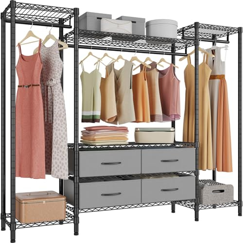VIPEK V20 Wire Garment Rack Heavy Duty Clothes Rack, Metal Clothing Rack with 6 Shelves, 3 Hang Rods & 4 Fabric Drawers, Compact Wardrobe Closet, 56.7 L x 14.6 W x 70.9 H, Black