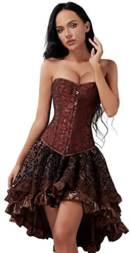 Jutrisujo Corset Femme Bustier Jupe Robe Sexy Dentelle Vintage Pirate Lingerie Grande Taille Costume Burlesque Brun M