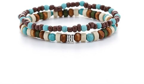 Dmaiy Boho Turquoise Bracelet Wooden Beaded Bracelets Stretch Wrap Bracelet Jewelry for Women and Men 2Pcs
