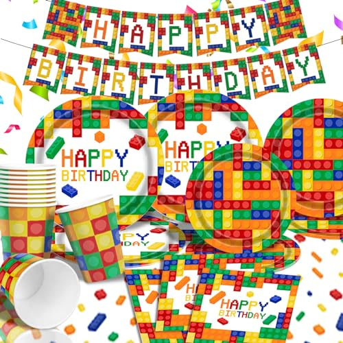 Building Block Birthday Party Tableware Set, Boys Birthday Paper Plates Napkins Cups Tablecloth Banner for Summer Colorful Brick Building Blocks Theme Birthday Party Supplies Decorations Kids